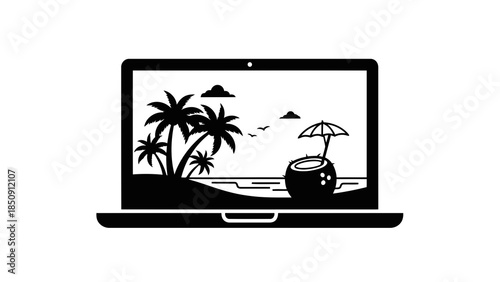 Laptop displaying a tropical beach scene with palm trees and a coconut drink icon.