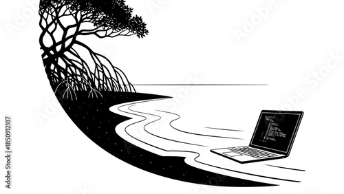 Laptop on a serene coastline with mangrove trees, digital detox concept.