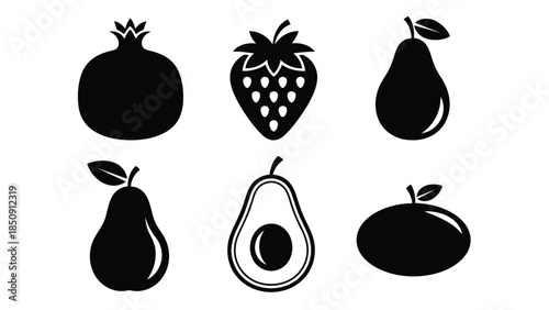 Six black fruit silhouettes isolated on white background vector