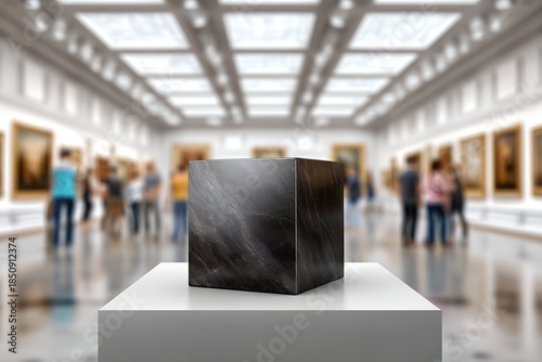 Dark marble cube displayed in modern art gallery filled with diverse visitors