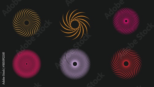 Six vibrant fingerprint style graphics in various colors on a dark background