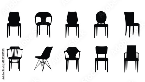 Collection of ten different chair silhouettes on white background vector