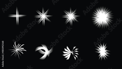 Collection of white light burst effects on black background