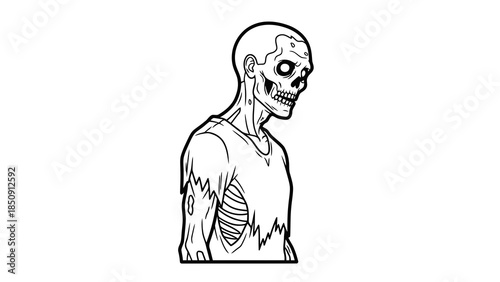 Illustration of a zombie figure with ripped clothes, showing ribs and decaying skin, isolated