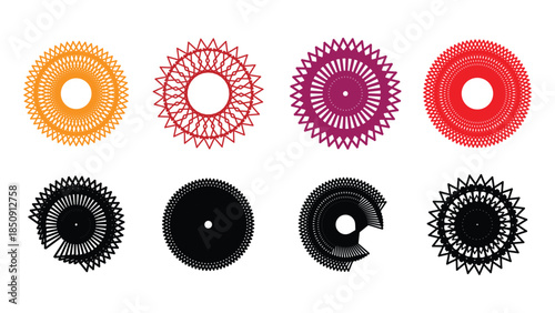 A collection of eight symmetrical mandala style illustrations in various colors