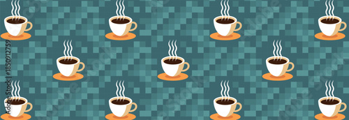 Coffee Themed Geometric seamless pattern. Abstract mosaic background. Coffee icons, line design with simple shapes for coffee shops, cafe walls, and menu.
