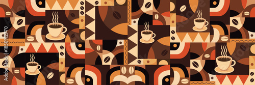 Coffee Themed Geometric seamless pattern. Abstract mosaic background. Coffee icons, line design with simple shapes for coffee shops, cafe walls, and menu.