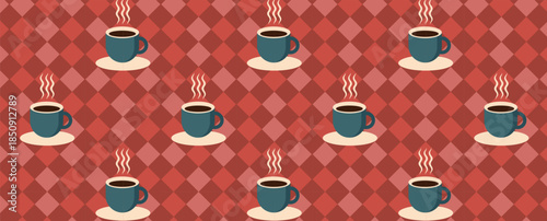 Coffee Themed Geometric seamless pattern. Abstract mosaic background. Coffee icons, line design with simple shapes for coffee shops, cafe walls, and menu.