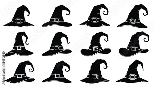 Collection of black witch hats with buckles on white background vector