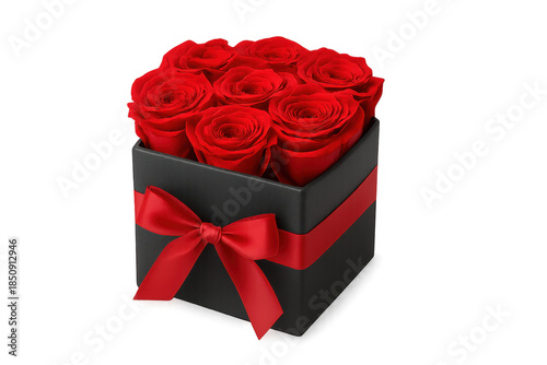 Red roses floral arrangement in black gift box with ribbon