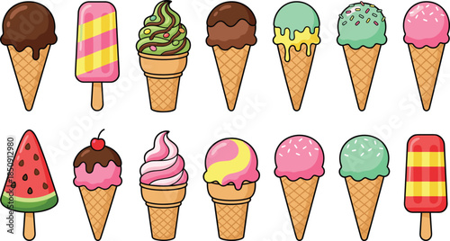 Colorful ice cream illustration set, cute hand drawn dessert collection, waffle cones popsicles, summer sweets icons, playful pastel vector style cartoon candy food art