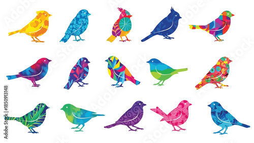 Collection of colorful bird illustrations on white background vector