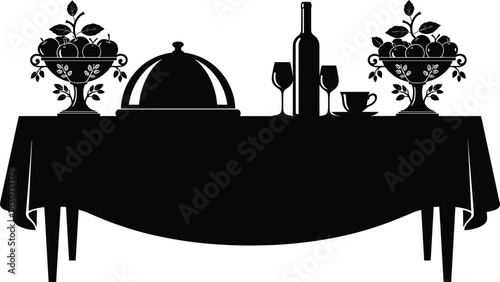 Elegant banquet table silhouette with covered dish wine bottle glasses fruit bowls luxury dining concept isolated black vector illustration restaurant catering celebration decor event