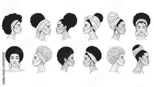 Black and white illustrations of women with various hairstyles and head wraps on white background vector