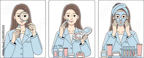 Modern skincare routine illustration, young woman applying beauty products, facial treatment steps, cosmetic testing, self care concept, clean line art, wellness lifestyle design