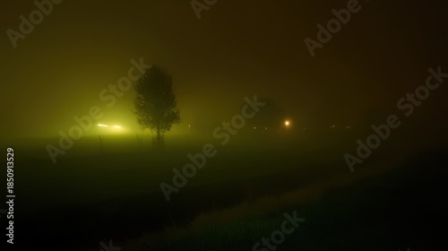 Mysterious Foggy Night Landscape with Lone Tree and Eerie Yellow Glow, Cinematic Atmospheric Mist in Darkness, Moody Liminal Space for Book Cover and Cinematic Background