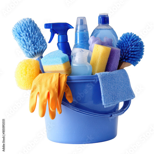 Wallpaper Mural Cleaning Supplies Bucket with Sponges, Sprayers, and Gloves isolated on transparent background Torontodigital.ca