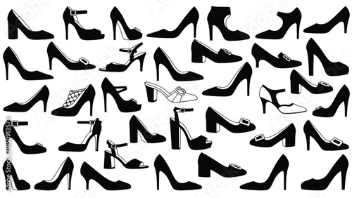 Collection of various high-heeled shoes on white background vector