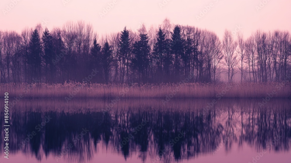 Fototapeta premium Dreamy Purple and Pink Sunset Reflection on Calm Lake with Forest Silhouette, Aesthetic Misty Water Landscape, Soft Pastel Foggy Morning for Wellness and Mindfulness Branding