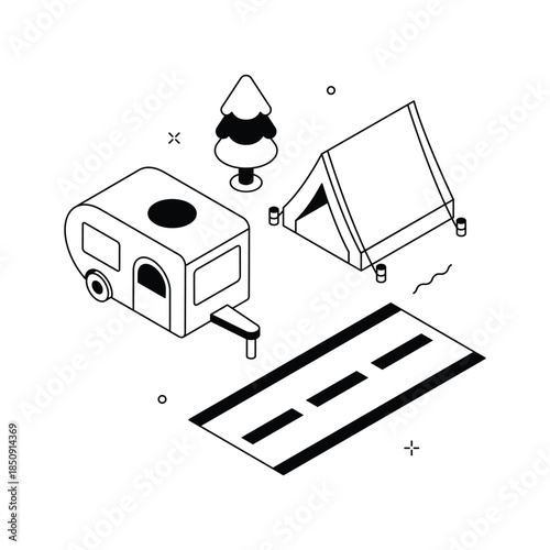 Isometric camping illustration with tent and caravan for outdoor vacation