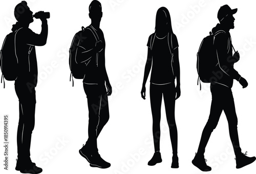 Backpacker silhouettes of travelers walking and standing with backpacks representing tourism, adventure travel, outdoor lifestyle, and exploration isolated on white background