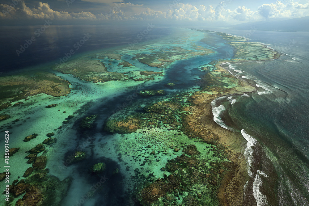 Obraz premium Aerial view of large scale coral reef system with turquoise and deep blue waters under cloudy sky, showcasing vibrant marine ecosystem and natural beauty of tropical ocean