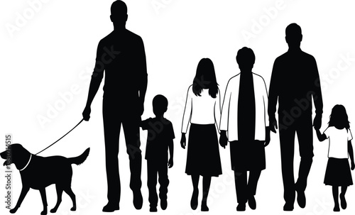 Family walking together with dog silhouettes representing togetherness, parenting, generations, love, outdoor lifestyle, and strong family bonds on white background