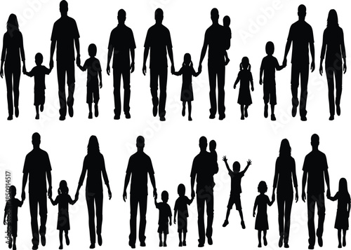 Family silhouettes walking together showing parents and children bonding, love and unity, lifestyle moments, happy relationships, community and togetherness concept