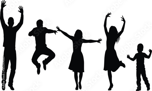 Happy family silhouettes jumping together with raised arms, joyful parent and child moments, love and unity concept, playful lifestyle illustration