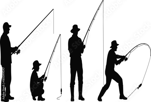 Fishing people silhouettes using rods in various poses, angling activity stages, outdoor recreation hobby, sport fishing illustration, leisure lifestyle concept