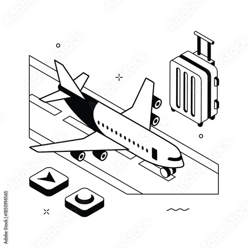Isometric international travel illustration with airplane and luggage for global tourism
