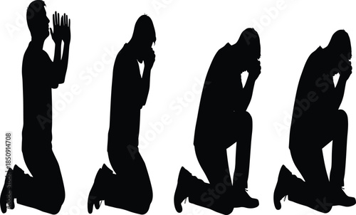 Kneeling prayer silhouettes showing devotion, faith, repentance, and spiritual reflection poses, religious worship concept, humility and belief illustration design