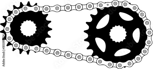 A bicycle chain connects two sprockets. The sprockets are black with sharp, pointed teeth
