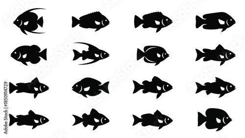 Collection of black fish silhouettes on white background vector