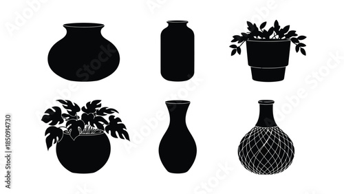 Black silhouettes of vases and potted plants on white background vector