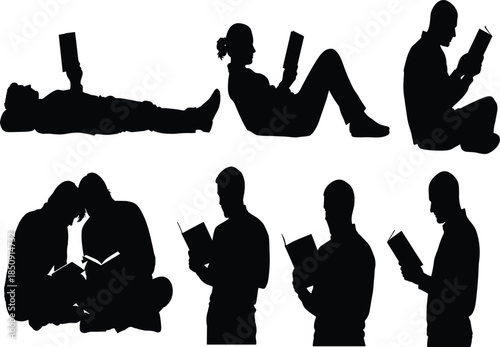 People reading book silhouettes in various poses representing education, knowledge, learning habits, study lifestyle, and intellectual development on white background