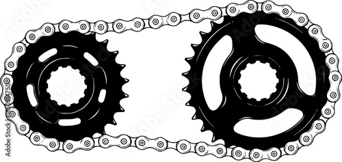 A bicycle chain connects two sprockets. The sprockets are black with sharp, pointed teeth