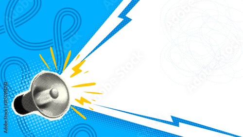 Megaphone Pop Art Background With Lightning Bolt And Halftone Dots On Blue Layout. Loud Comic Announcement Template For Marketing And Media. Powerful Marketing Messages. Vector Illustration