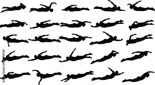 Swimming human silhouettes in multiple poses showing freestyle motion, underwater movement, athletic training, fitness activity, and aquatic sports concepts
