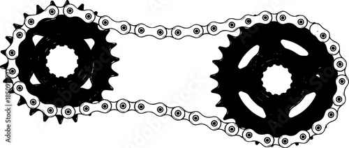 A bicycle chain connects two sprockets. The sprockets are black with sharp, pointed teeth