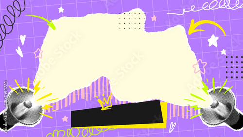 Two Megaphones Rough Paper Frame Copy Space on Bright Pop Art Retro Collage Poster Background for Social Media Alarm Message, Trendy Announcement or Event Promotion. Vector Illustration