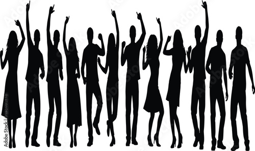 Celebrating crowd silhouettes with raised hands showing unity, excitement, success, teamwork spirit, social event energy, joyful people illustration concept