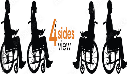 Wheelchair user silhouettes shown from multiple side views, accessibility representation, inclusive mobility concept, disabled lifestyle illustration, medical support design