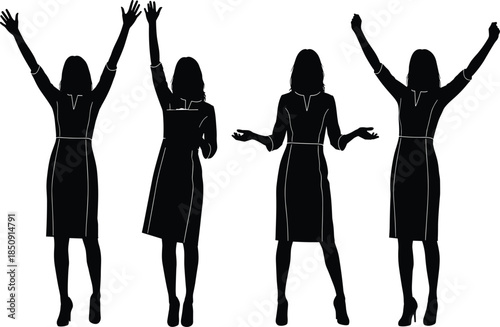 Woman silhouettes expressing celebration and emotion with raised arms, confident body language poses, empowerment concept, modern lifestyle illustration design