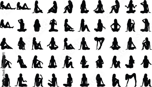 Woman sitting silhouettes collection showing relaxed poses, yoga meditation positions, calm lifestyle moments, feminine posture variety, minimalist illustration set