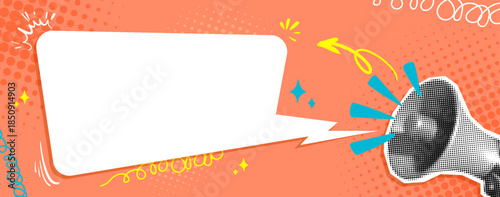 Megaphone Halftone Collage Pop Art Banner with Speech Bubble, Scribbles, Swirls Sparkles on Comic Style Dotted Orange Background and Copy Space for Announcement Marketing Message. Vector Illustration
