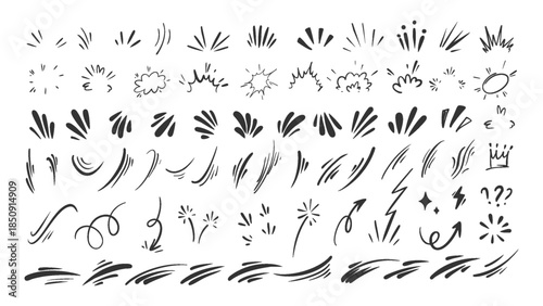 Comic Speed Lines, Bursts, Arrows, Blast Splash Lightning and Collage Emphasis Marks Action Anime Effects Set. Hand Drawn Black Ink Doodle Elements for Manga Expressive Design. Vector Illustration