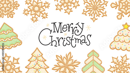 Merry Christmas Greeting Card with Hand Drawn Lettering, Gingerbread Cookies in Snowflakes and Christmas Tree Shapes. Festive Holiday Decorations on White Bg. Xmas Festive Banner. Vector Illustration