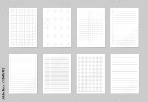 Notebook Page Templates Set with Grid Dotted, Lined Layouts for Planning Notes, Checklist, Schedule. Clean Minimal Paper Sheets, Print or Digital Use. Stationery Pages Collection. Vector Illustration