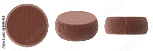 Round brown velvet ottoman with gathered fabric sides, versatile for seating or footrest